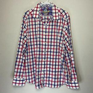 Robert Graham Men 2XL Button Up Shirt Red Blue Plaid Paisley Long Sleeve Cotton